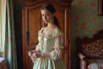 Jeune femme en robe 18e siècle près d'une armoire ancienne