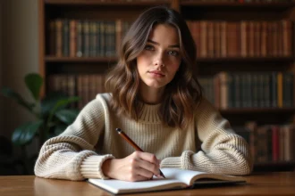 Jeune femme écrivant dans un livre dans une bibliothèque chaleureuse