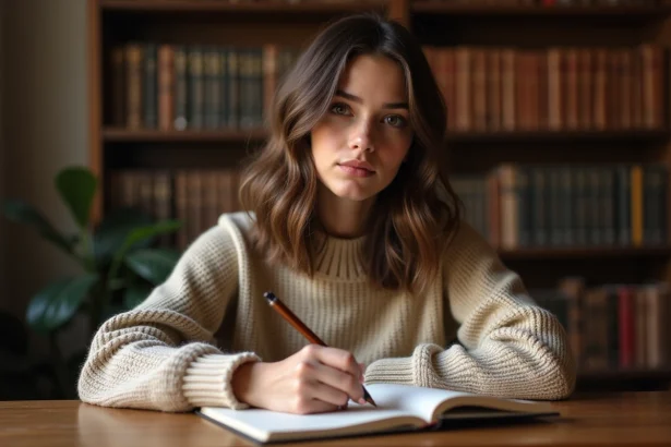 Jeune femme écrivant dans un livre dans une bibliothèque chaleureuse