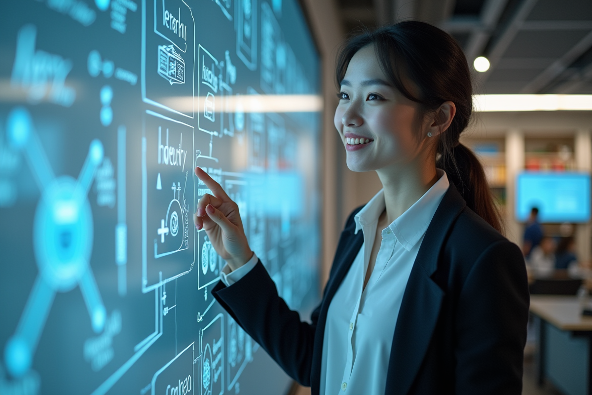 Jeune femme chercheuse en IA expliquant ses idées devant un tableau blanc