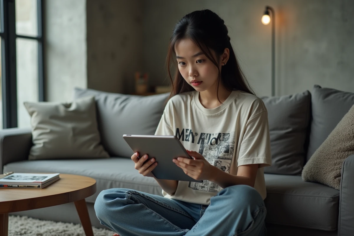 Une jeune femme consulte un site de scans de manga sur tablette, assise sur un canapé dans un appartement moderne