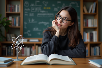 Jeune femme en étude avec modèle d'atome et livres scientifiques