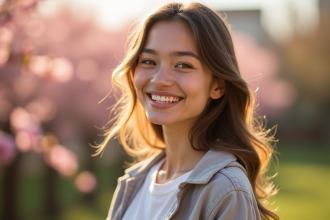 Jeune femme souriante en extérieur avec fleurs en arrière-plan