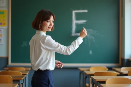 Jeune femme dessinant un grand E à la craie dans une salle de classe
