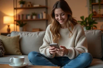 Jeune femme souriante utilisant une application de tchat sur son smartphone dans un salon cosy le soir
