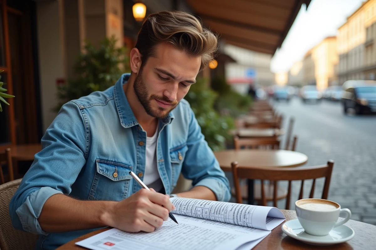 Jeune homme lisant un crossword en terrasse de café