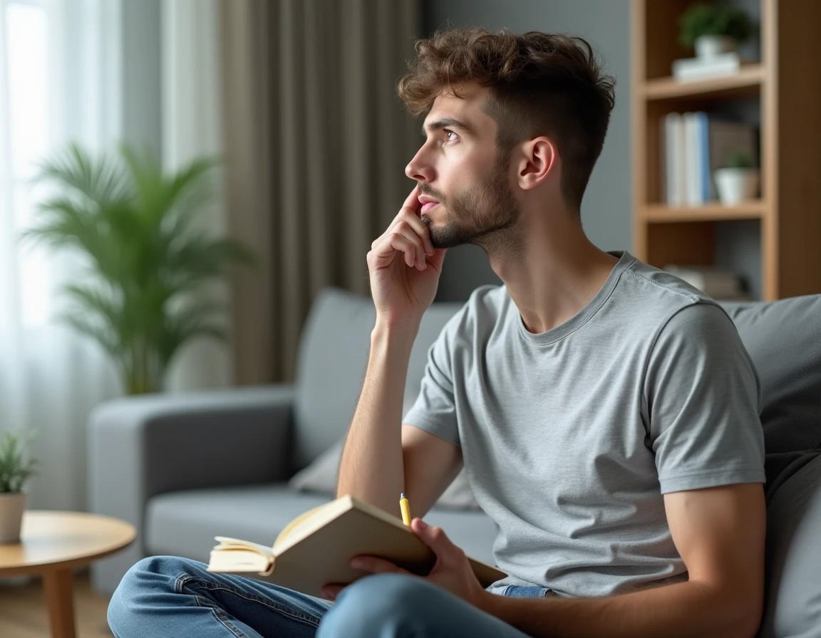 Jeune homme pensif résolvant une devinette logique difficile dans son salon minimaliste en remplacement du sudoku