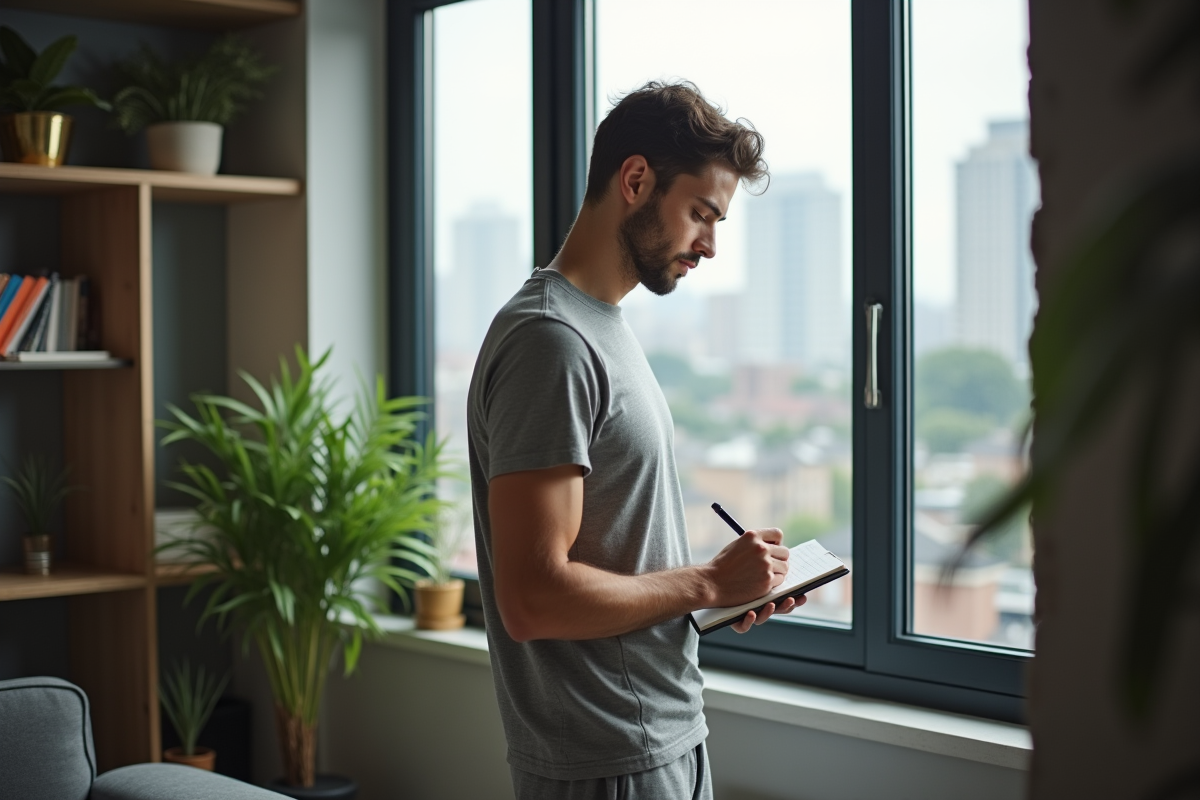 Jeune homme écrivant dans un carnet près d
