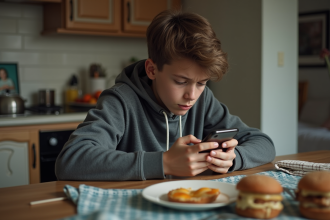 Adolescent seul avec smartphone dans une cuisine modeste