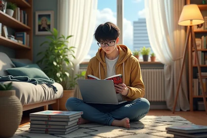 Jeune homme avec manga dans un appartement cosy