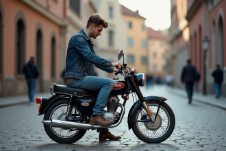 Jeune homme examine une moto Dax 50cc en ville