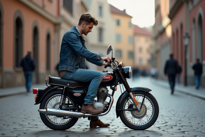 Jeune homme examine une moto Dax 50cc en ville