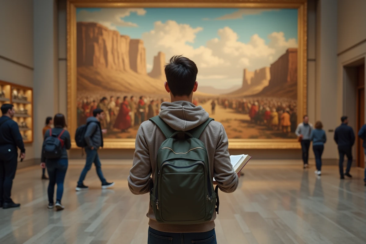 Jeune homme regardant une fresque sur l expansion vers l ouest