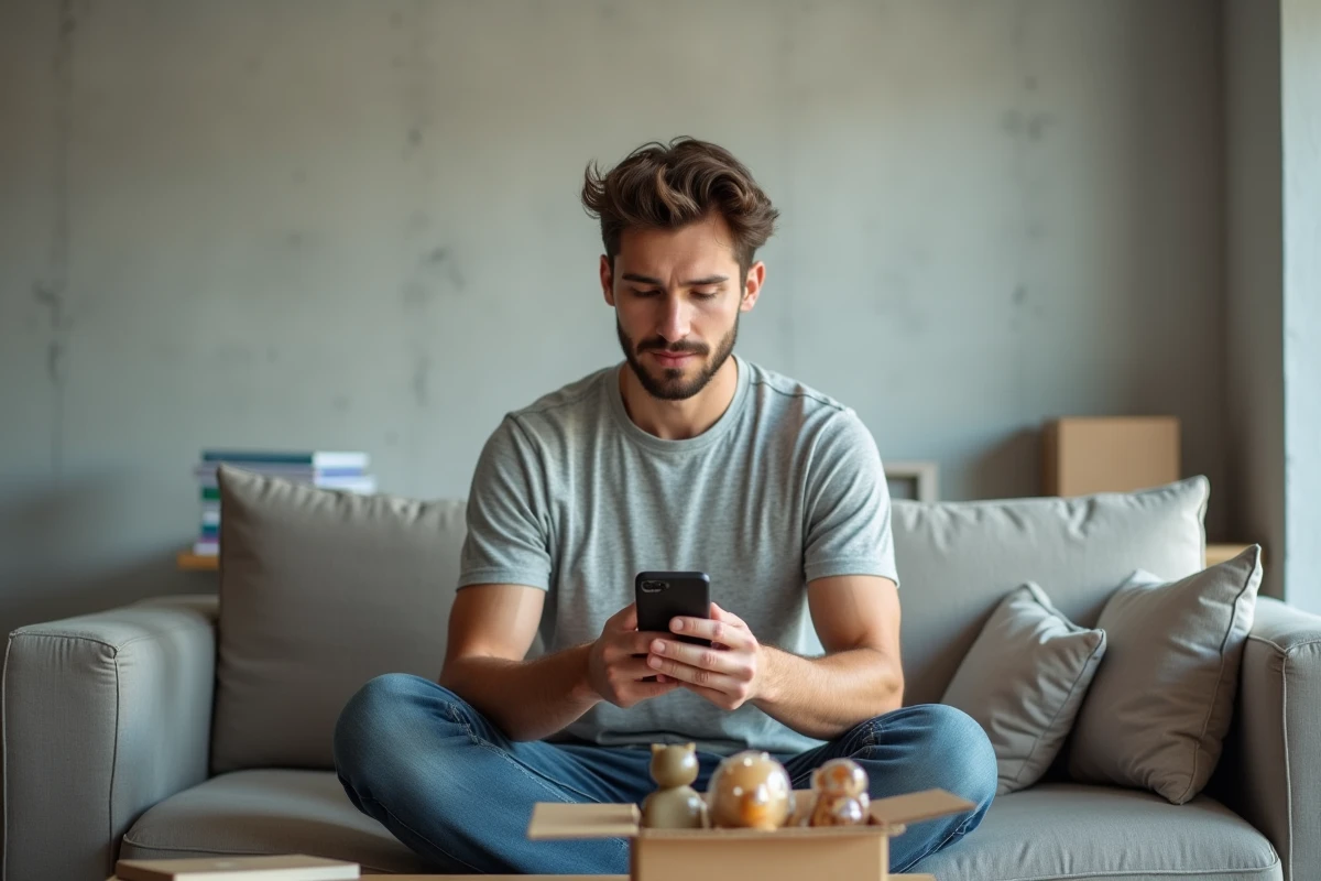 Jeune homme consultant les notifications d'enchères Delcampe sur smartphone dans son appartement