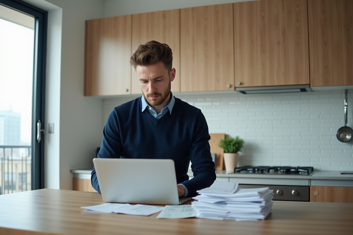 Jeune homme utilisant un ordinateur dans la cuisine