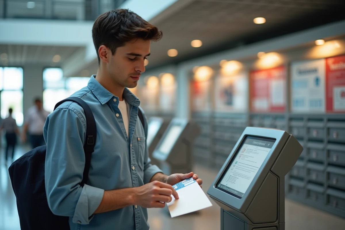 Jeune homme appliquant un timbre dans un bureau de poste