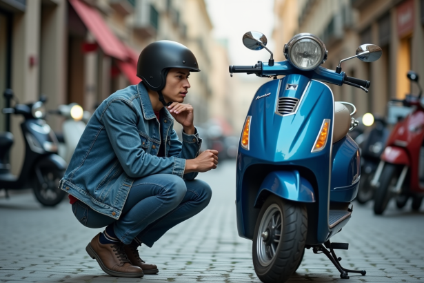 Jeune homme avec casque et scooter bleu en ville