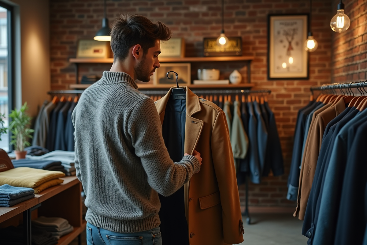 Jeune homme examinant un manteau en magasin de seconde main