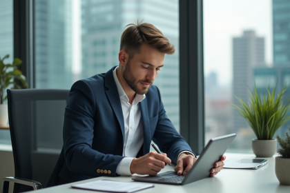 Jeune homme d'affaires regardant des graphiques crypto sur tablette