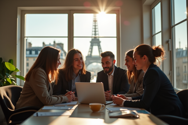 Groupe de jeunes professionnels à Paris avec Tour Eiffel en arrière-plan