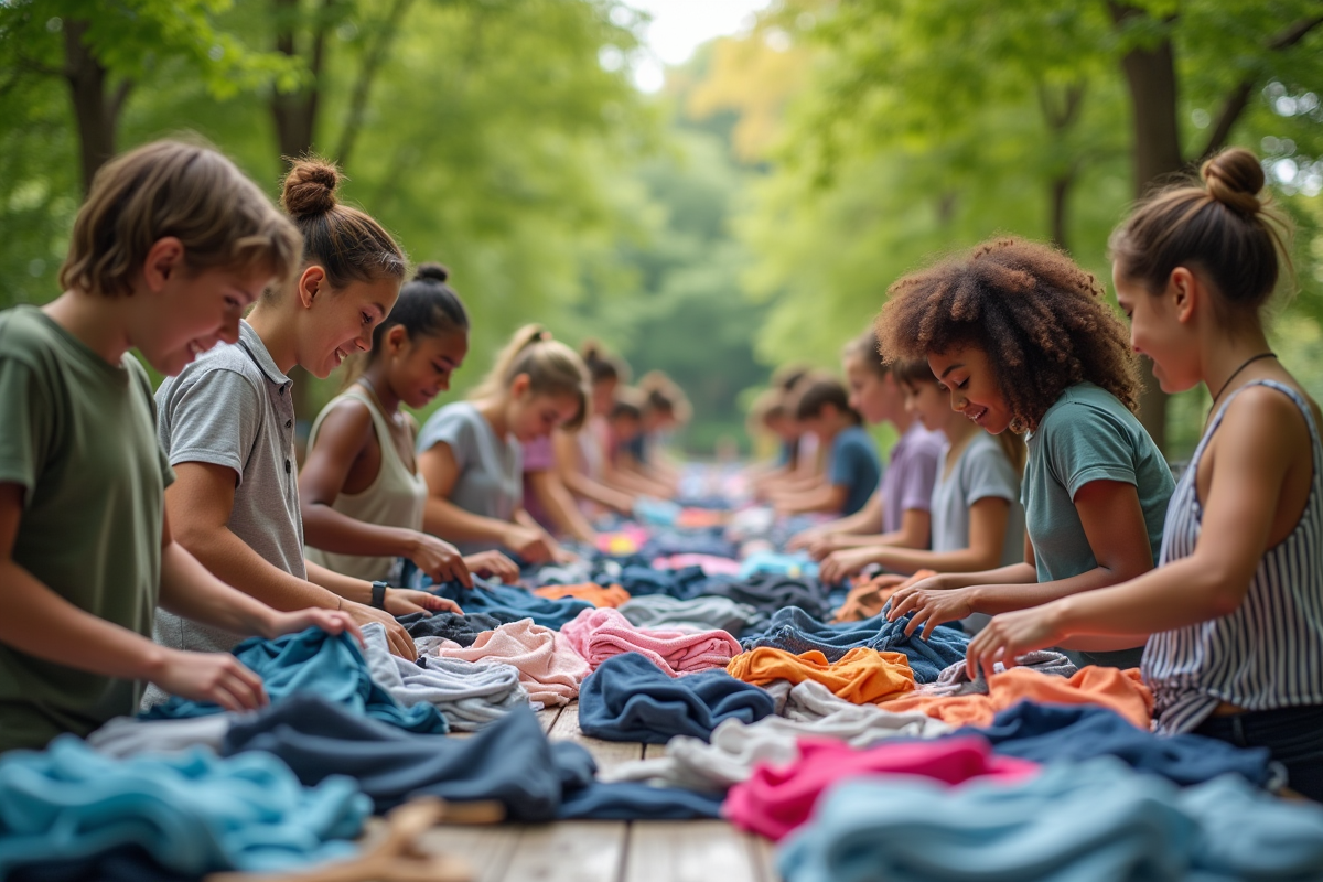 Jeunes triant et pliant des vêtements en plein air dans un parc
