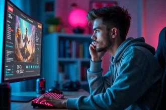 Joueur de League of Legends concentré devant ses statistiques de temps de jeu sur un écran ultrawide