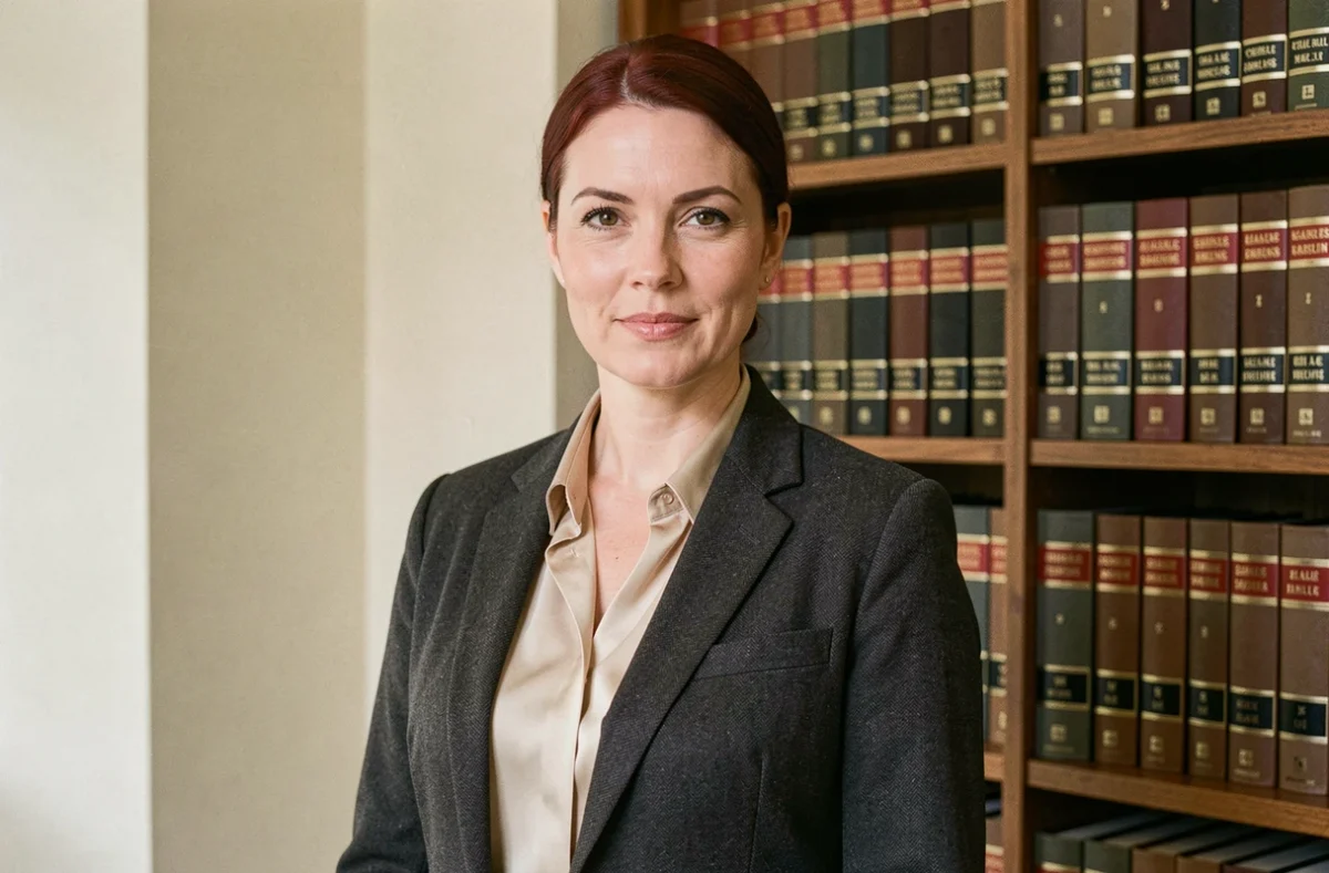 Laure Peyrac, avocate à Nîmes, en costume gris charbon devant une bibliothèque juridique