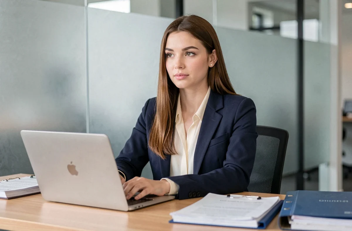 Avocate Lauriane Dillenseger à Nîmes, assise à son bureau moderne avec un ordinateur portable et des dossiers