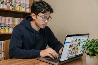 Jeune homme lisant des mangas en ligne sur un ordinateur portable dans une chambre décorée d'étagères de mangas