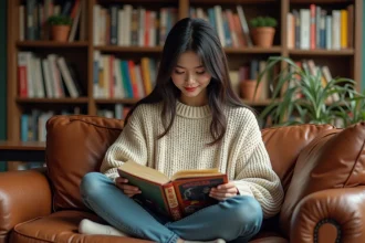 Jeune femme lisant un manga en français sur un canapé entouré d'étagères de bandes dessinées