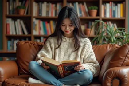 Jeune femme lisant un manga en français sur un canapé entouré d'étagères de bandes dessinées