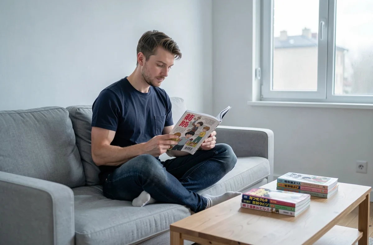 Homme lisant un manga classique en format papier dans un salon épuré, représentant la lecture traditionnelle de manga versus webtoon sur epsilonscan.fr