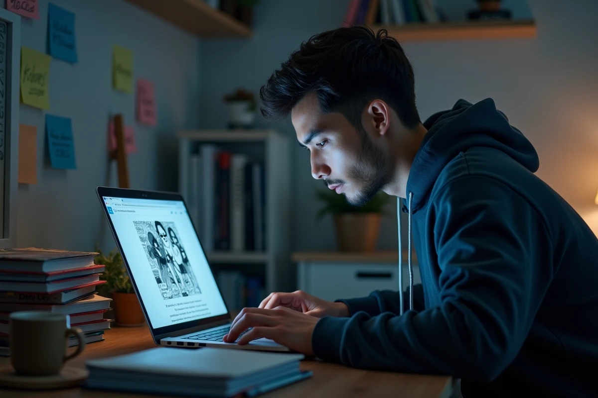 Homme lisant des mangas en VF sur un site web depuis son ordinateur portable à son bureau