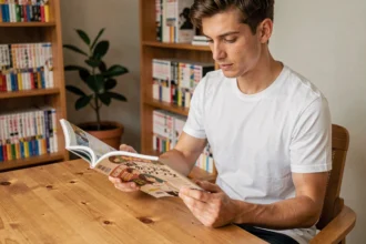 Jeune homme lisant un volume de manga japonais One Punch Man en version française sur un bureau en bois