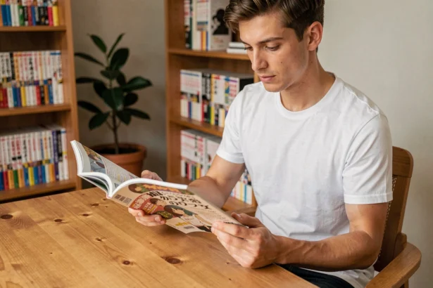 Jeune homme lisant un volume de manga japonais One Punch Man en version française sur un bureau en bois