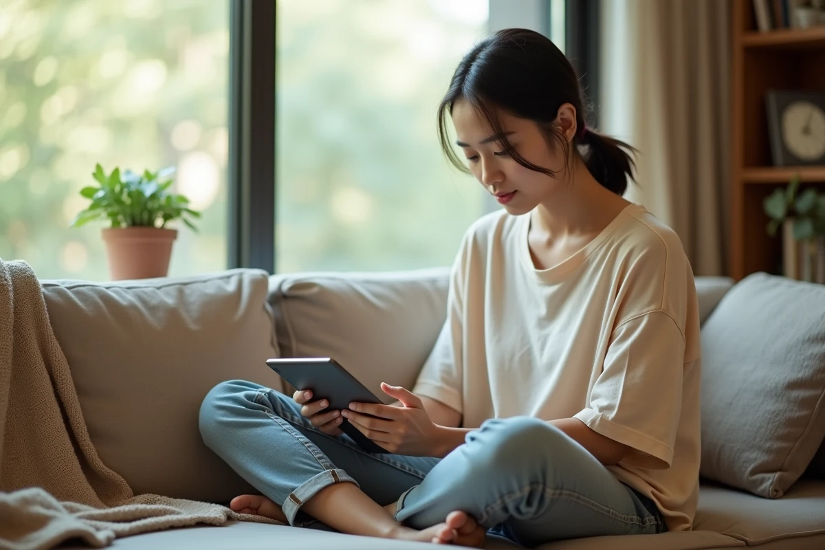 Jeune femme lisant un scan de manga sur tablette confortablement installée dans son salon