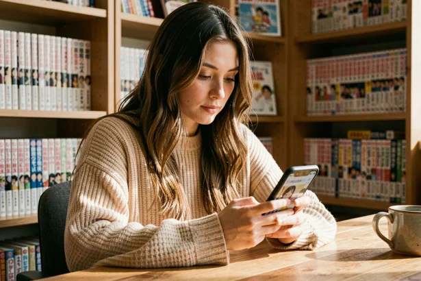 Jeune femme lisant un webtoon sur smartphone entourée de volumes manga, illustrant la comparaison entre formats numériques et classiques sur epsilonscan.fr