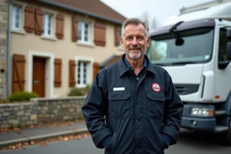 Livreur de fioul domestique en uniforme à côté de son camion devant une maison pavillonnaire française en automne