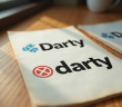 Zoom sur logos Darty vintage et modernes sur papier texturé