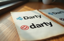 Zoom sur logos Darty vintage et modernes sur papier texturé