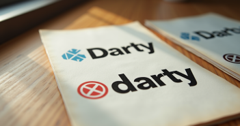Zoom sur logos Darty vintage et modernes sur papier texturé
