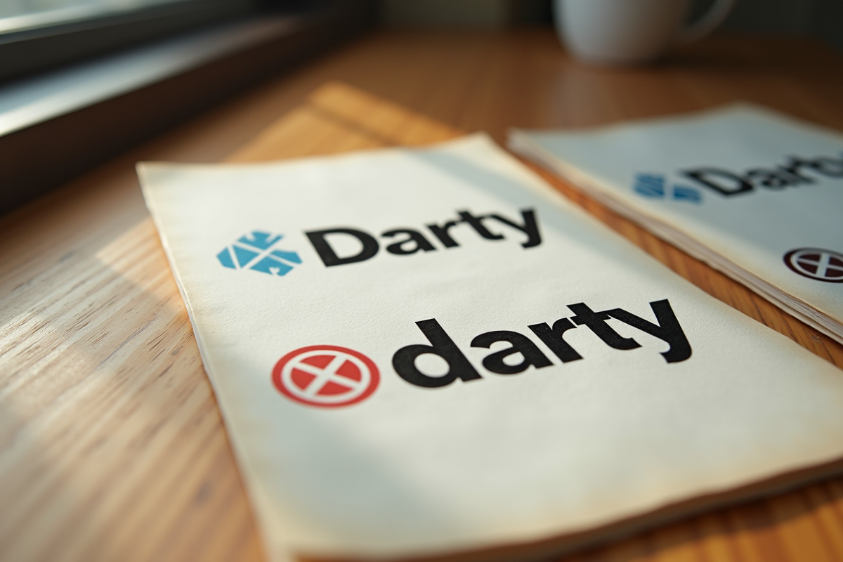 Zoom sur logos Darty vintage et modernes sur papier texturé