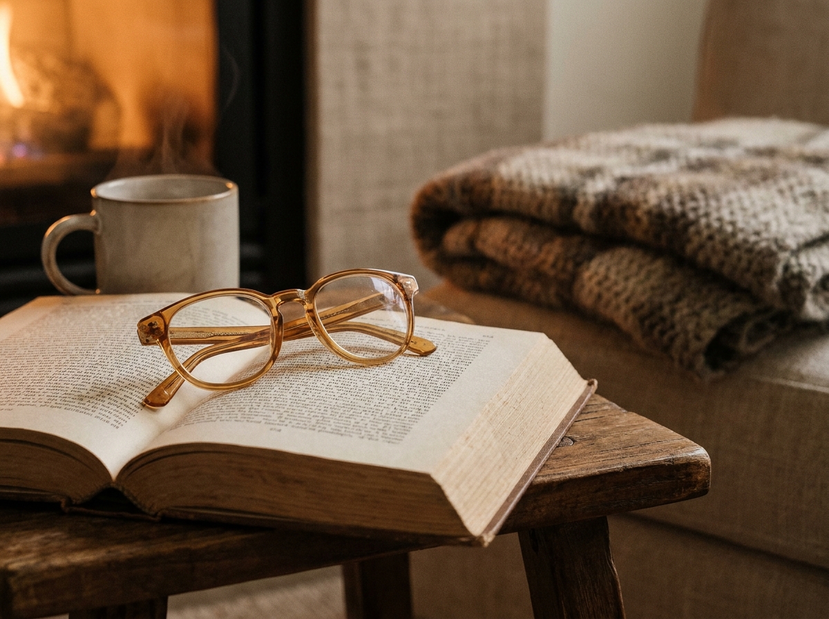 Gros plan de lunettes de lecture posées sur un livre ouvert avec une tasse fumante et un plaid au coin du feu, ambiance lecture hivernale