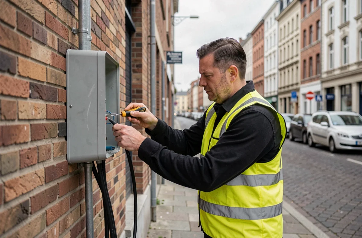Technicien en services électriques raccordant des câbles sur un boîtier de jonction extérieur dans une rue de Roubaix