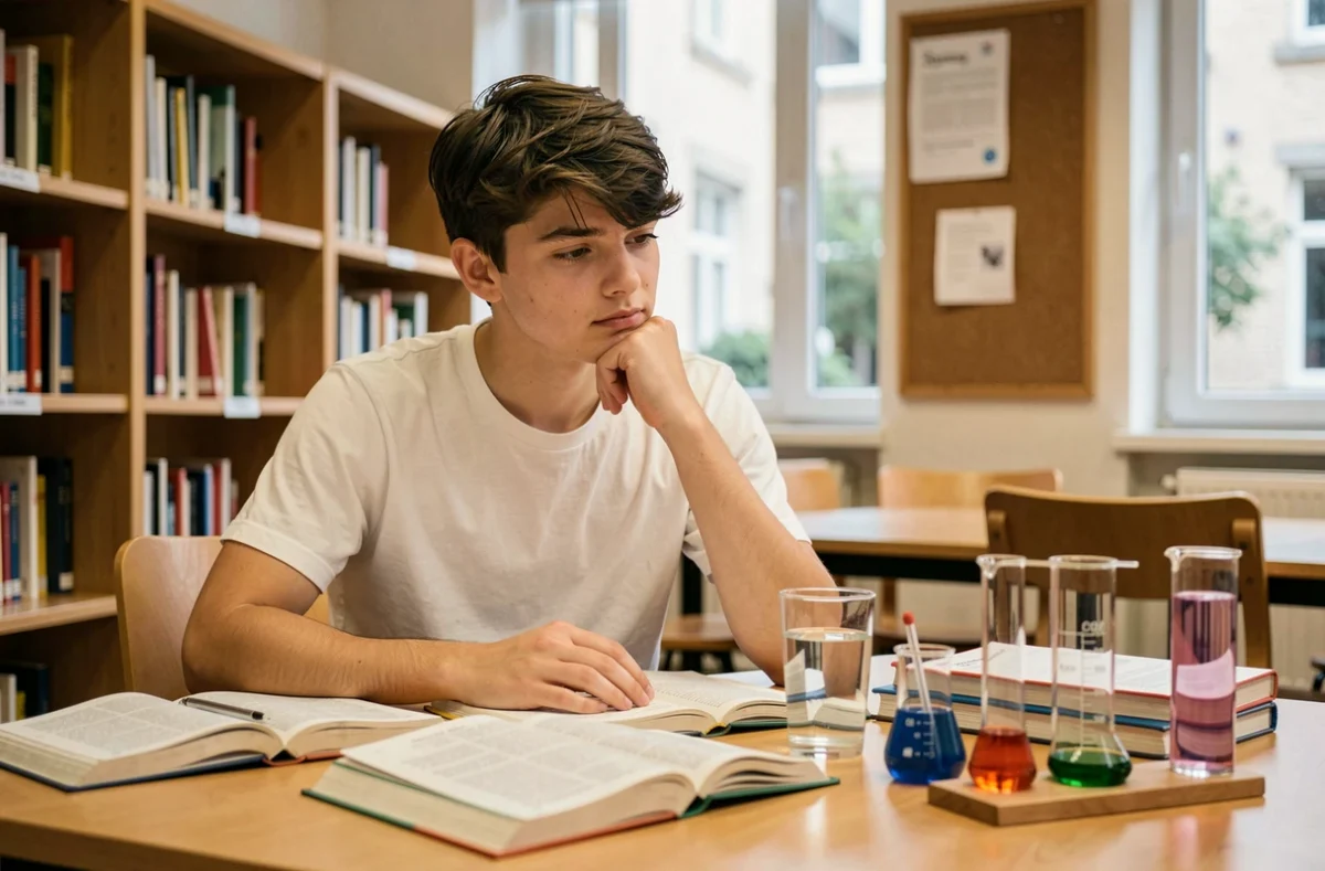 Lycéen étudiant seul à la bibliothèque avec des manuels scolaires ouverts sur la conversion de volumes litres et mètres cubes