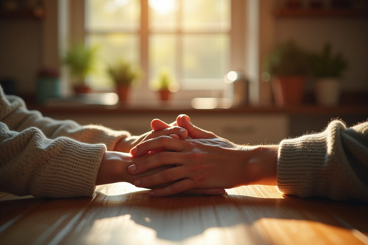 Mains de personnes âgées touchant une table de cuisine au matin