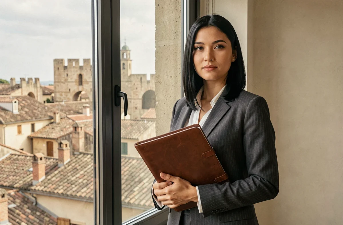 Maître Lola Ganozzi, avocate à Nîmes, en tailleur gris à rayures tenant un portfolio près d'une fenêtre avec vue sur la vieille ville
