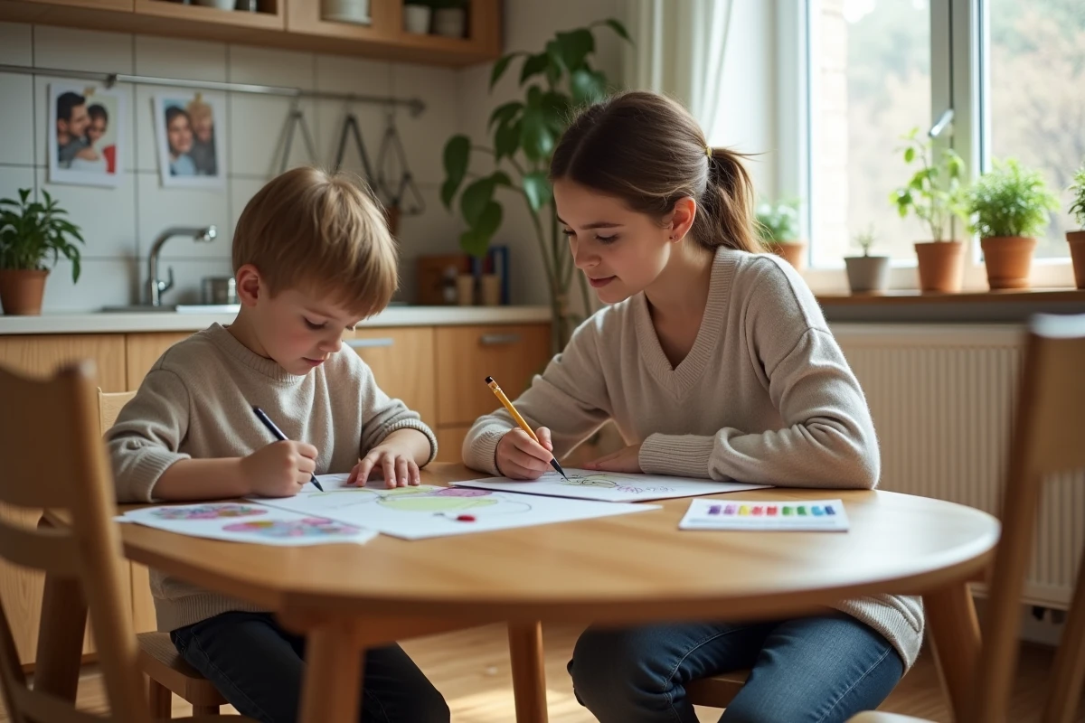 Maman et son enfant dessinant à la maison dans la cuisine