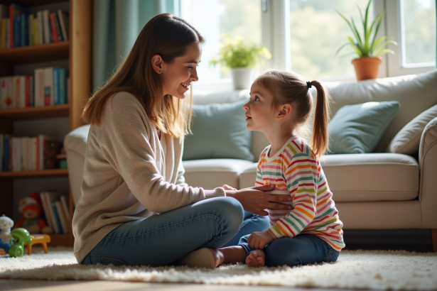 Maman et enfant discutent dans un salon chaleureux