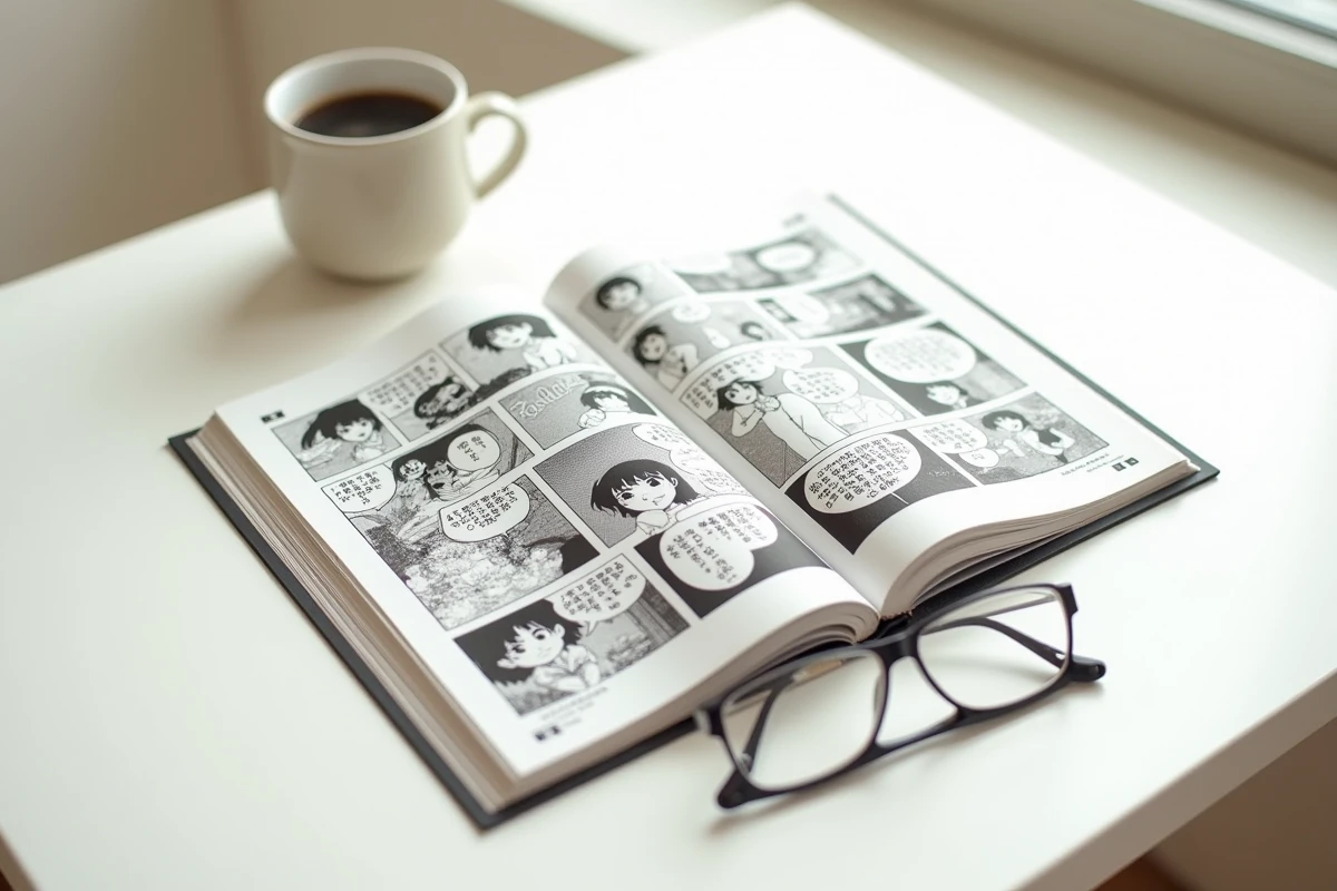 Vue aérienne d'un manga ouvert sur une table blanche avec des cases détaillées en noir et blanc